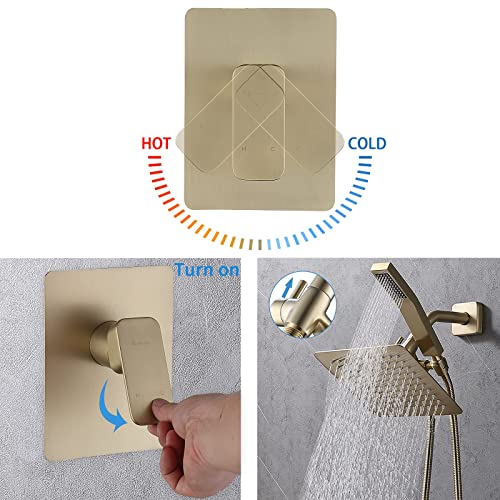 G-Promise Rain Shower Head and Handle Set for Modern Bathroom Upgrade | All Metal, Built to Last, Including the Required Accessories, Modern Upgrade, Extra Flexible Long Lose - color: Brushed Gold