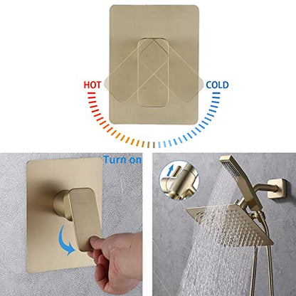 G-Promise Rain Shower Head and Handle Set for Modern Bathroom Upgrade | All Metal, Built to Last, Including the Required Accessories, Modern Upgrade, Extra Flexible Long Lose - color: Brushed Gold