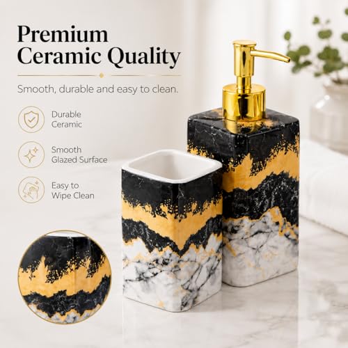 4 Piece Bathroom Accessories Set - Black and White Includes Lotion Dispenser, Toothbrush Holder Tumbler, and Soap Dish - Glossy Finish (Marble, Black, and White) - color: Black, and White