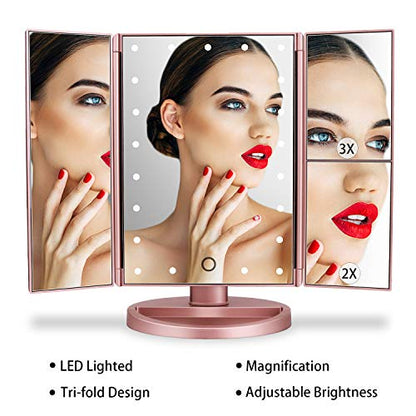 Dresser Mount Tri-Fold Lighted Vanity Mirror with 21 LED Lights, Touch Screen and 3X/2X/1X Magnification, Two Power Supply Modes Make Up Mirror,Travel Mirror - color: Rose Gold