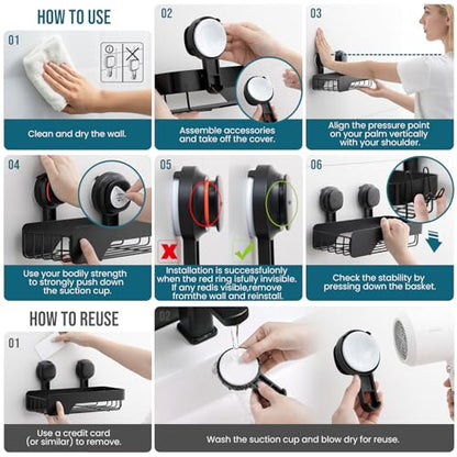 TAILI Shower Caddy Suction Cup Rustproof Metal Visible indicator Black | 2 Pack Rustproof,No Drilling Wall Mounted Basket, Upgraded Removable Suction Cup Bathroom Organizer Heavy Duty Shampoo - color: Visible indicator Black x2