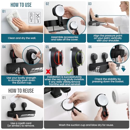 TAILI Shower Caddy Suction Cup Rustproof Metal Visible indicator Black | 2 Pack Rustproof,No Drilling Wall Mounted Basket, Upgraded Removable Suction Cup Bathroom Organizer Heavy Duty Shampoo - color: Visible indicator Black x2
