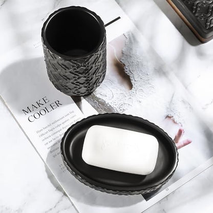 RQYIXI Elegant Bathroom Accessories Set 6 PCS Ceramic and Wood Bathroom Accessory Set Soap Dispenser Toothbrush Holder Tumbler Soap Dish Tray Trash Can Easy to Clean Quatrefoil Pattern Black - color: Black Trash Can