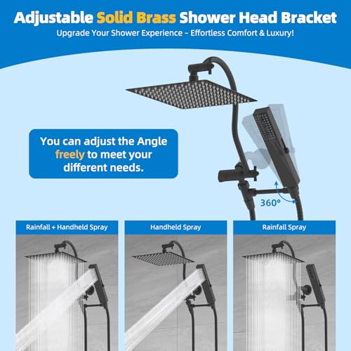 Hibbent All Metal cUPC Certified Shower Head, 12'' High Pressure Rainfall Showerhead Combo, Handheld Shower Wand, 12'' Adjustable Extension Arm, 4-Spray, 71'' Hose, Brass Shower Holder, Matte Black - color: Matte Black, style: Square 12''