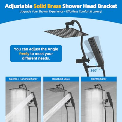 Hibbent All Metal cUPC Certified Shower Head, 12'' High Pressure Rainfall Showerhead Combo, Handheld Shower Wand, 12'' Adjustable Extension Arm, 4-Spray, 71'' Hose, Brass Shower Holder, Matte Black - color: Matte Black, style: Square 12''