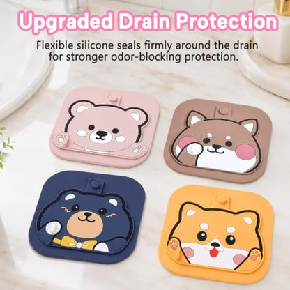 2Pack Square Shower Drain Hair Catcher for Bathtub and Shower | Khaki thick silicone, cartoon animal design, reusable hair stopper for floor drains, kitchen laundry room utility use - color: Pink