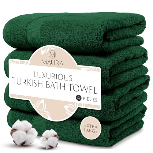 MAURA Hunter Green Extra Large Turkish Cotton Luxury Bath Towels Set of 4. Ultra-Soft, Thick & Plush Towels for Bathroom - Dark Green - color: Midnight Green, size: Bath Towel (4-Pack)