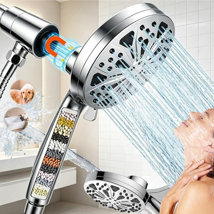 Magnetic Shower Head with Handheld: Filtered High Pressure Rainfall Showerhead for Hard Water - 5” 10-Setting Shower with 72” Hose & Built-in Power Wash Mode for Tub & Pet Cleaning