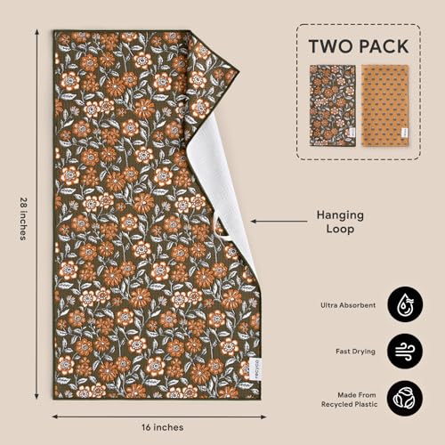 RECYCO Waffle Kitchen Towel Set of 2 - Quick Dry Microfiber Sustainable Dish Towels - Ultra Absorbent Reusable Cleaning Tea Towels - Lightweight Hand Towels,16”x 28”, Amber Flora - color: Amber Flora