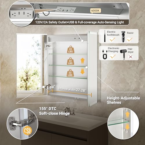 30x32 LED Medicine Cabinet Mirror with Double Lights-Front & Backlit, 155°Soft-close Hinge, Surface or Recessed Dimmable Lighted Medicine Cabinet Mirror with Clock Outlet Inner Light,Anti-fog - size: 30x32'' (Cabinet)