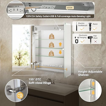 30x32 LED Medicine Cabinet Mirror with Double Lights-Front & Backlit, 155°Soft-close Hinge, Surface or Recessed Dimmable Lighted Medicine Cabinet Mirror with Clock Outlet Inner Light,Anti-fog - size: 30x32'' (Cabinet)