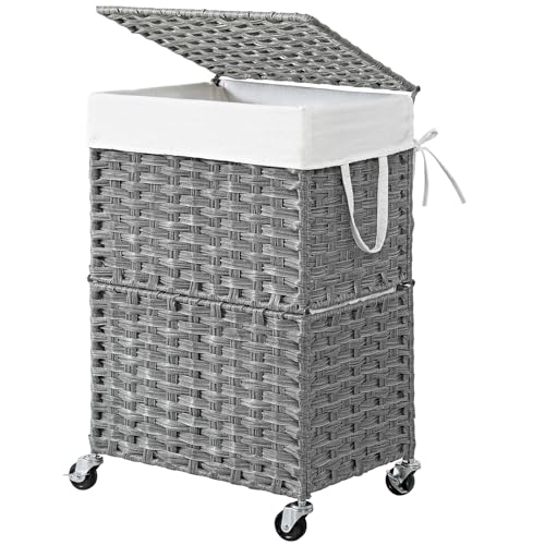 Chrislley Wicker Laundry Basket with Wheels,Rolling Laundry Hamper with Lid | 90L Slim Clothes Hamper with Wheels & Removable Liner Bag, Handwoven Rattan Laundry Organizer for Bedroom, Bathroom, Grey - color: Grey