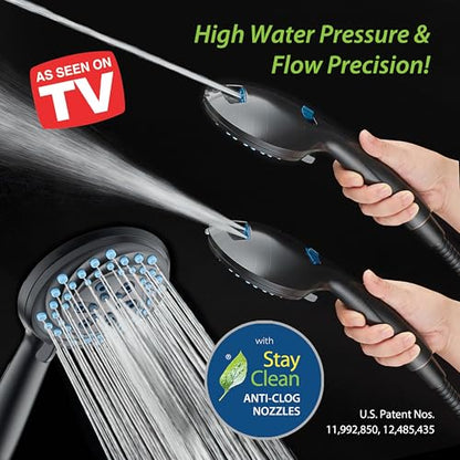 AquaCare New 8-mode High Pressure Handheld Shower Head w/ 2-way Power Wash | Stay Clean Nozzles, Dual Power Wash for Tub, Tile & Pets, Long 6 ft. Stainless Steel Hose, Wall & Overhead Brackets / Black - color: Black