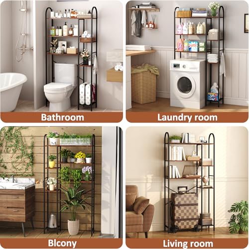 HOMEFORT Over The Toilet Storage with Side Rack, 6-Tier Over Toilet Storage Rack with Adjustable Shelf, Space Saver Bathroom Organizer for Laundry, Balcony, Kitchen,31.5"W x 9.4"D x 65"H,Rustic Brown