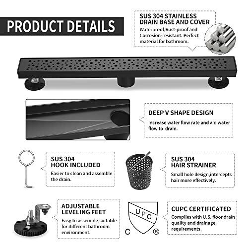Linear Shower Drain 24 Inch, Bubbles Shower Drain SUS-304 Stainless Steel, 51L/Min Fast Drainage Floor Linear Drain, US Standard CUPC Certified, Matte Black, SD-099 - color: Matte Black, size: 24 Inch