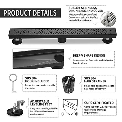 Linear Shower Drain 24 Inch, Bubbles Shower Drain SUS-304 Stainless Steel, 51L/Min Fast Drainage Floor Linear Drain, US Standard CUPC Certified, Matte Black, SD-099 - color: Matte Black, size: 24 Inch