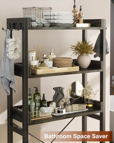 Ecoprsio Over-The-Toilet Storage Rack, 3-Tier Bathroom Organizer Shelf Over Toilet, Freestanding Space Saver Toilet Stands with 4 Hooks, Grey - color: Grey Oak