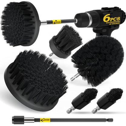 Holikme 6Pack Drill Brush Power Scrubber Cleaning Brush Extended Long Attachment Set All Purpose Drill Scrub Brushes Kit for Grout, Floor, Tub, Shower, Tile, Bathroom Black | 5 Head Sizes, Black Nylon Fibers, Power Scrubber Attachments for Tile, Tub, Show