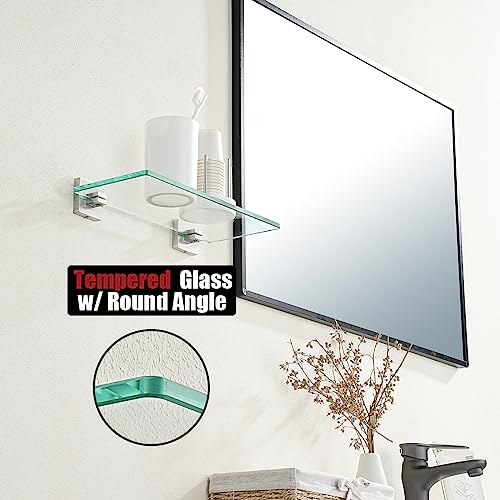 JQK Bathroom Glass Shelf, Floating Tempered Glass Shower Storage 12 by 5 inches, 304 Stainless Steel Brushed Finish Wall Mount 2 Pack, TGS201L12-BN-P2 - color: Brushed Steel, size: 12 Inch(2 Pack)