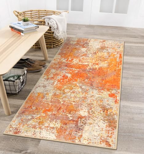 Lahome 2x4 Washable Runner Rug for Hallway, Non Slip Runner Rug, Easy Clean Soft Stain Resistant Carpet for Kitchen, Entry Way, Bathroom, Door-Friendly Mat with Low Pile, 2 x 4 Yellow - color: Orange, size: 2' x 4.3'