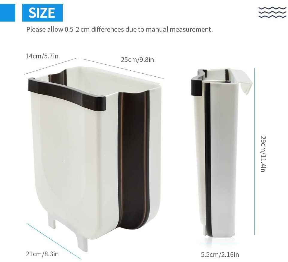 Hanging Trash Can for Kitchen Cabinet, Wall-Mounted Trash Can Foldable Waste Bins for Door Bedroom Dorm Room Car - Large Capacity 9L (White)