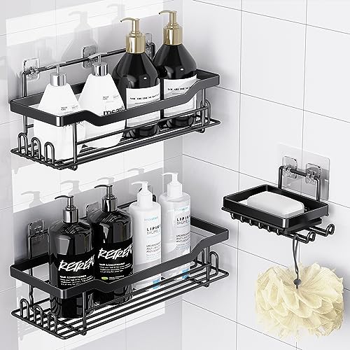 Shower Caddy Shelves Organizer, 3 Pack with Soap Holder, No Drilling Wall Mounted Self Adhesive Shelves, Matte Black - color: Matte Black