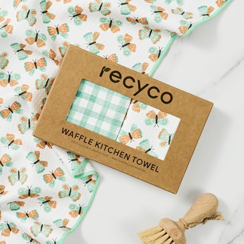 RECYCO Waffle Kitchen Towel Set of 2 - Quick Dry Microfiber Sustainable Dish Towels - Ultra Absorbent Reusable Cleaning Tea Towels - Lightweight Hand Towels,16”x 28”, Butterfly Gingham - color: Butterfly Gingham