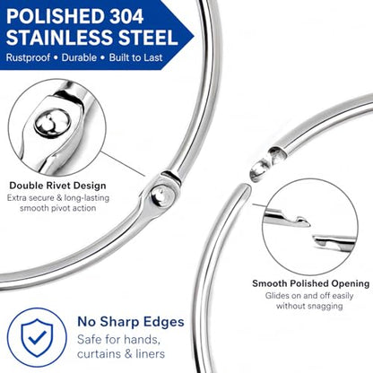24 Pack 304 Stainless Steel Shower Curtain Rings Rustproof 58mm ID | Openable hinged hooks, 58mm / 2.28" inner diameter, 3mm heavy duty wire, polished opening, double rivets - color: 24 Pack