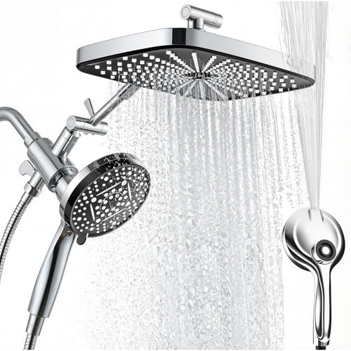 High Pressure Shower Head with Handheld, Upgrade Rain Shower Heads with Fixed Showerhead Combo, 10 Sprays Handheld Shower Head Built in Power Jets, 71" Long Hose, Chrome Silver - color: Chrome