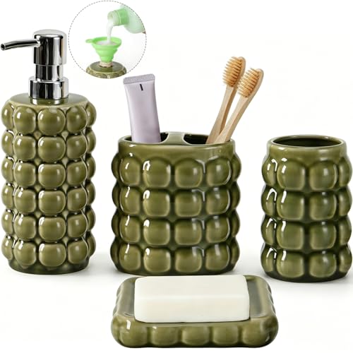 4 Piece Ceramic Bathroom Accessories Set –Soap Dispenser,Toothbrush Holder,Tumbler & Soap Dish,Includes Silicone Funnel,Non-Slip,Modern Farmhouse Countertop Organizer Set for Bathroom Decor, Green - color: Green Bathroom Accessories Set 4 Pcs