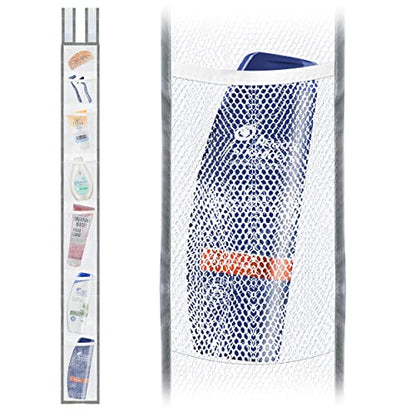 Skywin Hanging Mesh Shower Caddy, 7 Pockets, Quick Dry, 60 x 6 In - White | 60 x 6 In, Shower Organizer for Rod or Door, Portable for RV Dorm Cruise Camping, Velcro Strap, Polyester, Foldable