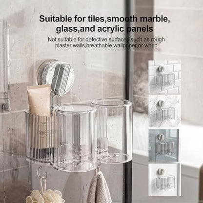 Clear Toothbrush Holder for Bathroom, Multi-Functional 2 Cups Toothbrush Organizer Wall Mounted with 2 Storage Slot and 2 Toothbrush Cups - color: White