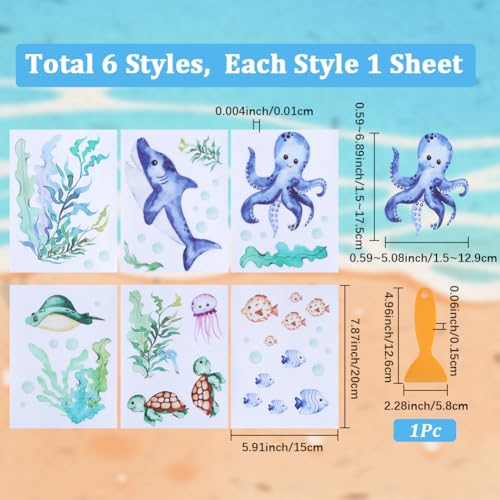 6 Pages Non Slip Bathtub Stickers Bulk Bathtub Sea Stickers with Scraper Plastic Adhesive Cartoon Ocean Animal Slippery Floor Decal for Shower and Bath Tub Home Decorations DIY Crafts Gift - style: Ocean