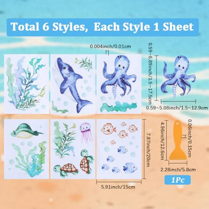 6 Pages Non Slip Bathtub Stickers Bulk Bathtub Sea Stickers with Scraper Plastic Adhesive Cartoon Ocean Animal Slippery Floor Decal for Shower and Bath Tub Home Decorations DIY Crafts Gift - style: Ocean