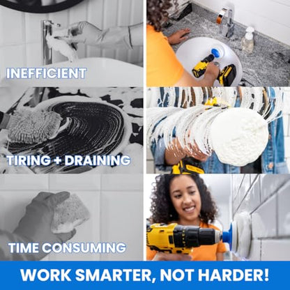 RotoScrub 7 Pack Drill Brush Set for Deep Cleaning, Scratch Resistant, Bathroom, Oven, Countertops, Sinks, Soap Scum, Tile, Boats, Patio Furniture & More | 6 reusable non-scratch white nylon pads for showers, tubs, tile, grout, sinks and counters; fits dr