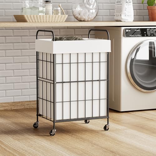 90L Laundry Hamper with Wheels, Laundry Basket with Handle and Liner Bag | Lockable Casters; Reinforced Frame; Breathable Fabric; Space-Efficient Design - color: White, size: 90L-1 Section