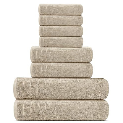 8 Piece Towel Set, 2 XL Bath, 2 Hand, 4 Washcloth, Beige | 100% Cotton, Lighter Weight, Quicker to Dry, Super Absorbent, Perfect for Bathroom - color: Beige