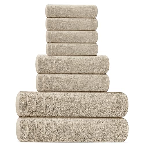 8 Piece Towel Set, 2 XL Bath, 2 Hand, 4 Washcloth, Beige | 100% Cotton, Lighter Weight, Quicker to Dry, Super Absorbent, Perfect for Bathroom - color: Beige