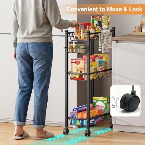 AOODA Laundry Room Cart with Top Detergent Holder, Metal Rolling Storage Cart Between Washer and Dryer, 3 Tier Narrow Laundry Room Organization and Storage with Wheels (Pure Black) - color: Pure Black
