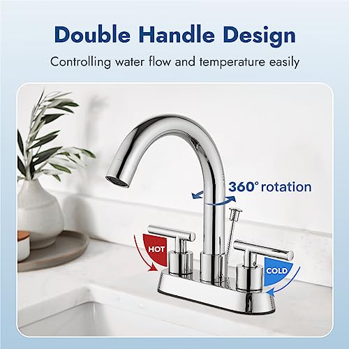 Bathroom Faucet with Lift Rod Drain,4 Inch Centerset 3 Hole,Polish Chrome | Two Handle Lead-Free SUS304 Stainless Steel Bathroom Sink Faucet with Lift Rod Drain & Supply Lines for RV & Farmhouse - color: Polish Chrome