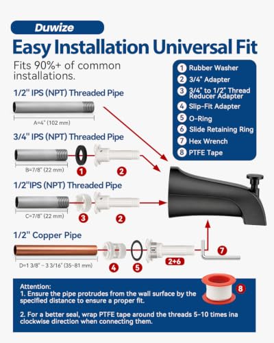 Universal Bathtub Faucet with Diverter, Tub Spout Replacement Fits 1/2" Slip-on Copper Pipe and 1/2" & 3/4" IPS Threaded, Bathroom Tub Faucet Set with Adapters and Hex Wrench (Matte Black) - color: Matte Black
