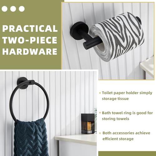Matte Black 2-piece Bathroom Hardware Set, Solid Stainless Steel | Rust-resistant Bathroom Accessories Set for Bathroom Restroom Sink, Swivel Towel Ring, Toilet Paper Holder, Wall Mounted - color: Matte Black Round Shape