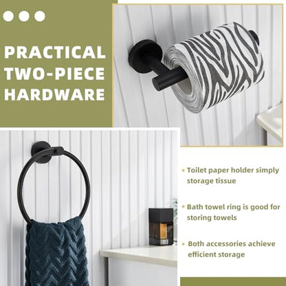 Matte Black 2-piece Bathroom Hardware Set, Solid Stainless Steel | Rust-resistant Bathroom Accessories Set for Bathroom Restroom Sink, Swivel Towel Ring, Toilet Paper Holder, Wall Mounted - color: Matte Black Round Shape