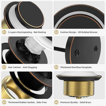 Tip-Toe Bathtub Drain Kit with Hair Catcher, Oil Rubbed Bronze | 2-Hole Overflow Faceplate, Solid Brass, 5-Layer Plated, Fits 1.5"/1.75" Drains, For Bathroom Remodel, Matches Fixtures - color: Oil Rubbed Bronze