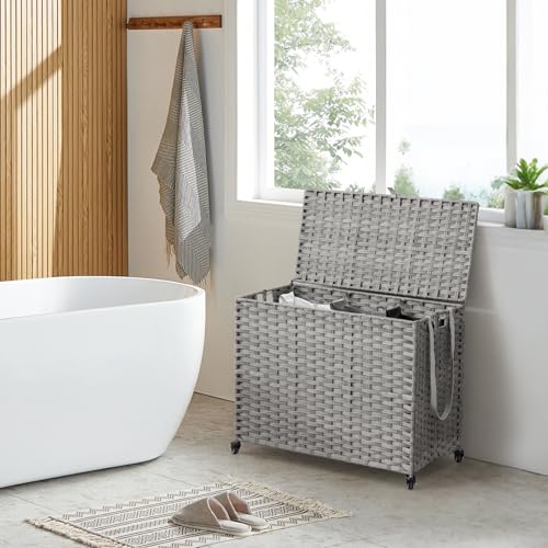 Laundry Hamper with Wheels, 60.72 Gallon(230L) Rolling Laundry Basket with Lid, Removable Large 3 Color Liners & 3 Mesh Laundry Bags, Clothes Hamper with Side Pocket, Grey - color: Grey, size: 35.43"L x 15.75"W x 25.6"H