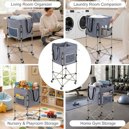 Laundry Basket with Wheels, 35.9" No-Bend Rolling Hamper, Grey | 600D washable bag, steel frame, foldable design, bathroom, dorm, bedroom, laundry room - color: Grey