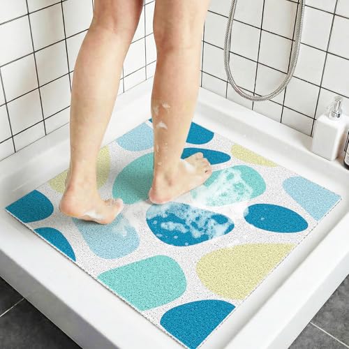 Square Shower Stall Mat Non Slip, 24"x24" Inch Loofah Shower Mats for Inside Shower, Soft PVC Loofah Massage Bathmat for Wet Areas, Soft on Feet, Quick Drying, Easy to Clean, Blue Stone - color: Blue Stone, size: 24" x 24" (Square)