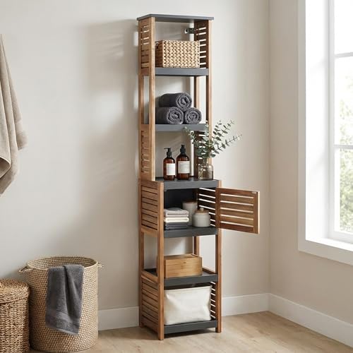 Tall Bathroom Storage Cabinet, Vented Door, Linen Tower, Slim, Brown-Gray | Engineered Wood, Art Deco, Space-Saving Bathroom Storage, Easy Assembly, Fits Small Bathrooms, Laundry, Hallway