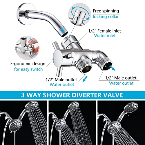 PDPBath Brass 3 Way Shower Arm Diverter Valve for Handheld Shower Head and Fixed Shower Head, G1/2 Universal Connection - Chrome - color: Chrome