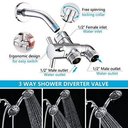 PDPBath Brass 3 Way Shower Arm Diverter Valve for Handheld Shower Head and Fixed Shower Head, G1/2 Universal Connection - Chrome - color: Chrome